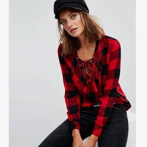 ASOS Stradivarius Buffalo Flannel Ruffle Top